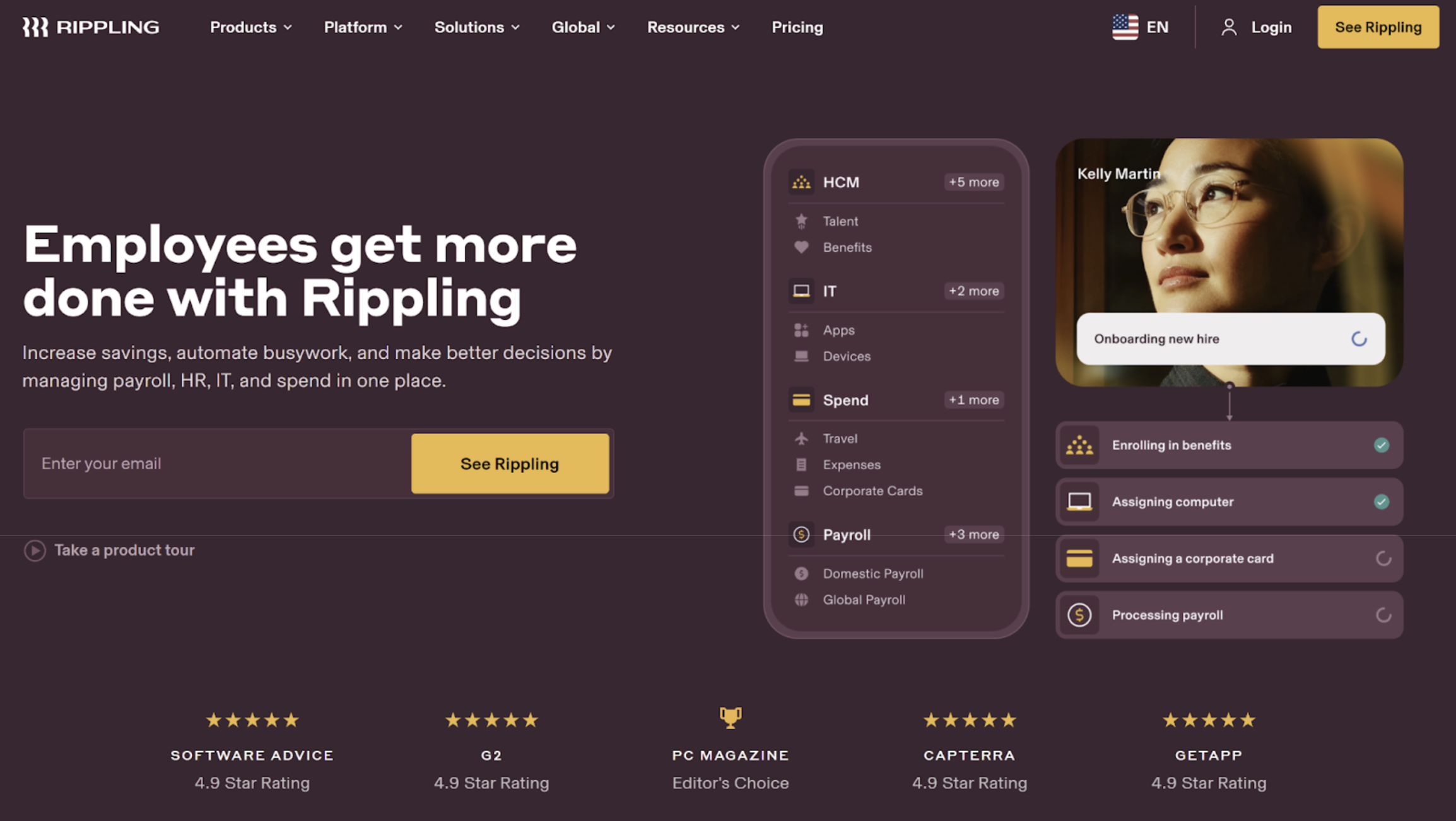 Rippling’s home page, which shows examples of its features and software ratings